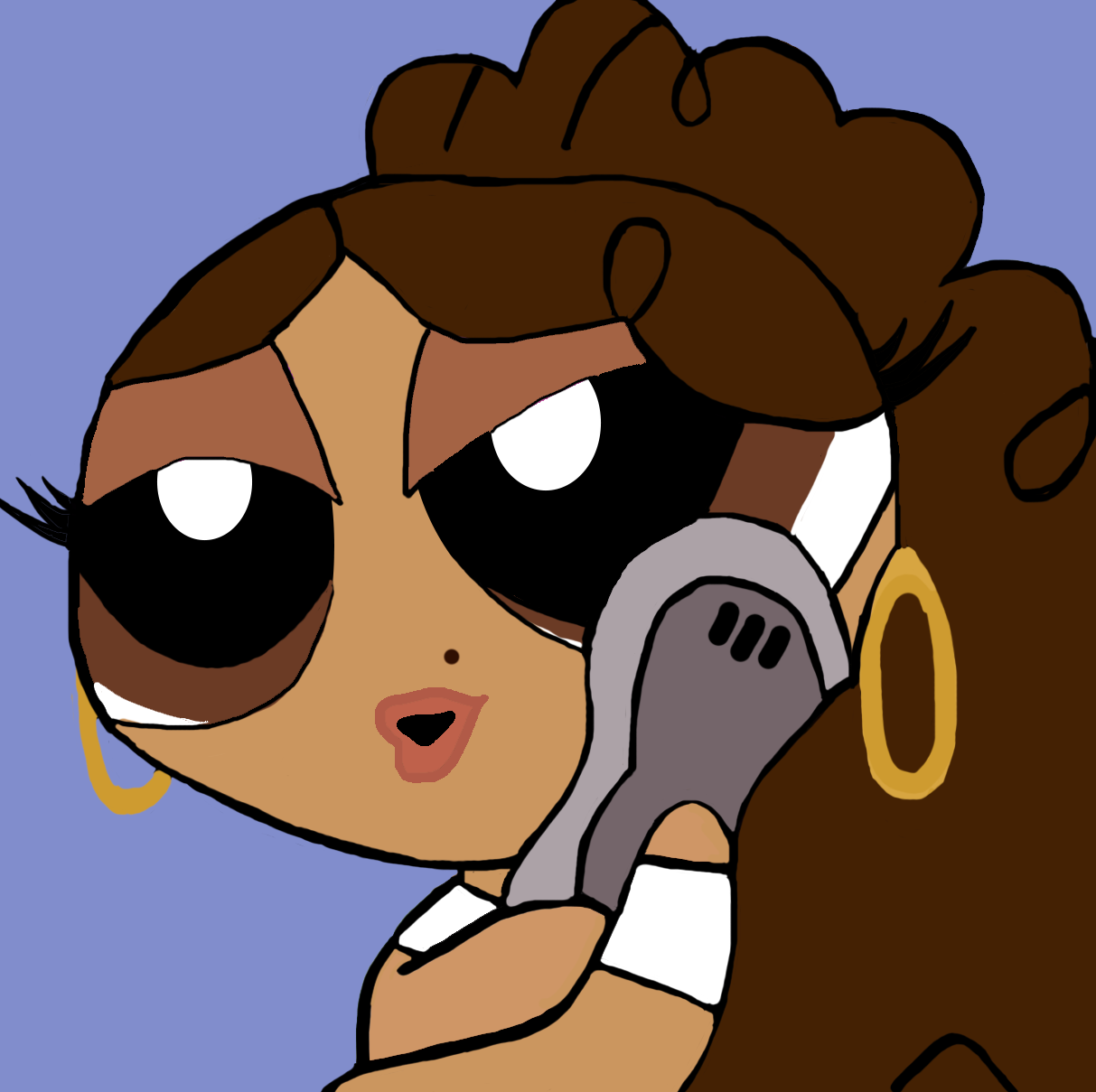 an illustration of a girl. She has brown eyes and long brown curly hair slicked in a updo. She is holding a small, grey cell phone with her left hand and is propped on her shoulder.